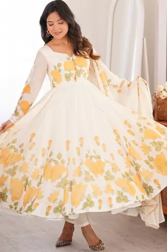 cream floral print organza silk blend anarkali suit with dupatta and pant