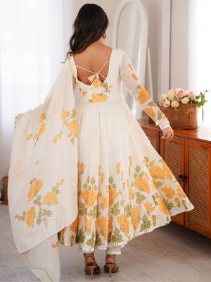 cream floral print organza silk blend anarkali suit with dupatta and pant 3