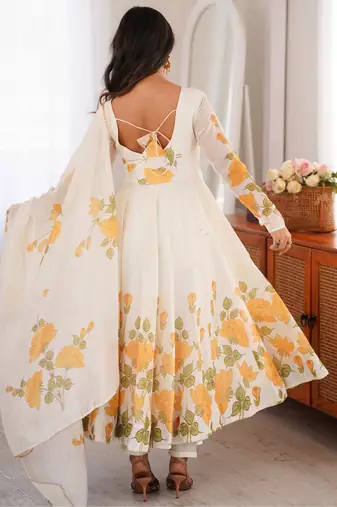 cream floral print organza silk blend anarkali suit with dupatta and pant