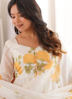 cream floral print organza silk blend anarkali suit with dupatta and pant 4