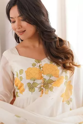 cream floral print organza silk blend anarkali suit with dupatta and pant