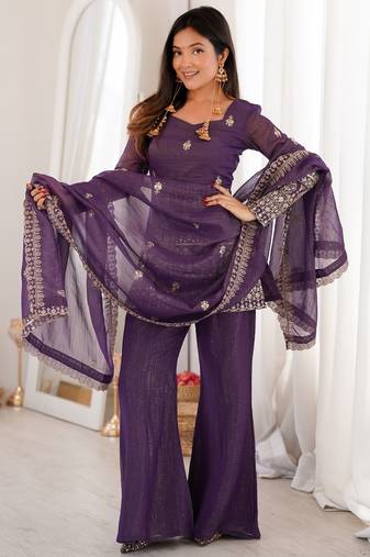 purple silk blend embroidered kurta palazzo dupatta set