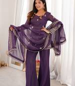 purple silk blend embroidered kurta palazzo dupatta set