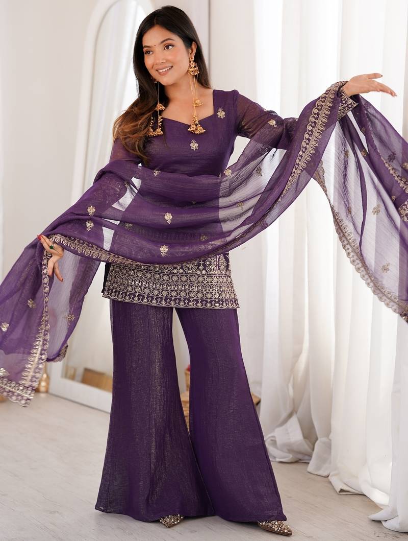 purple silk blend embroidered kurta palazzo dupatta set