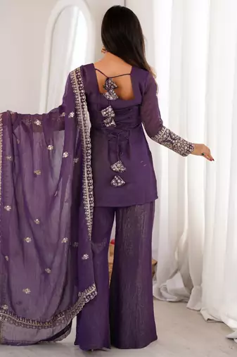 purple silk blend embroidered kurta palazzo dupatta set