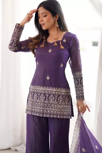 purple silk blend embroidered kurta palazzo dupatta set