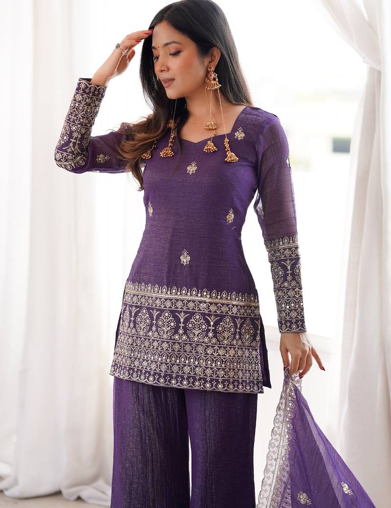 purple silk blend embroidered kurta palazzo dupatta set