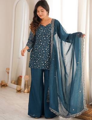 Teal silk blend embroidered kurta palazzo dupatta set 5