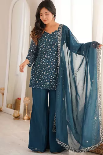 Teal silk blend embroidered kurta palazzo dupatta set