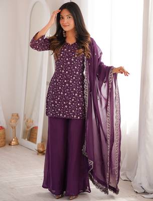 wine silk blend embroidered kurta palazzo dupatta set 5