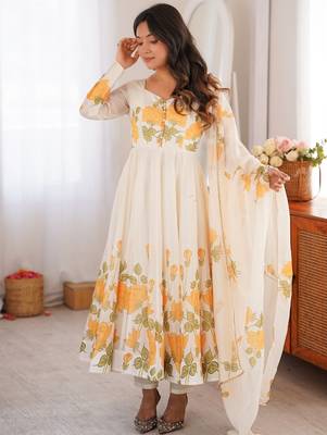 cream floral print organza silk blend anarkali suit with dupatta and pant 5