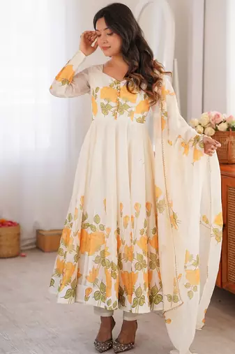 cream floral print organza silk blend anarkali suit with dupatta and pant