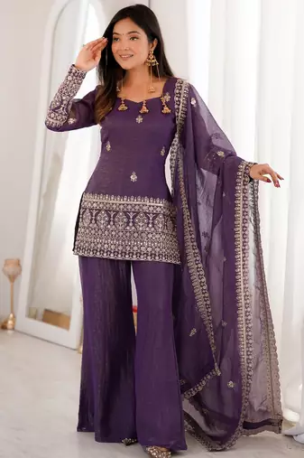 purple silk blend embroidered kurta palazzo dupatta set