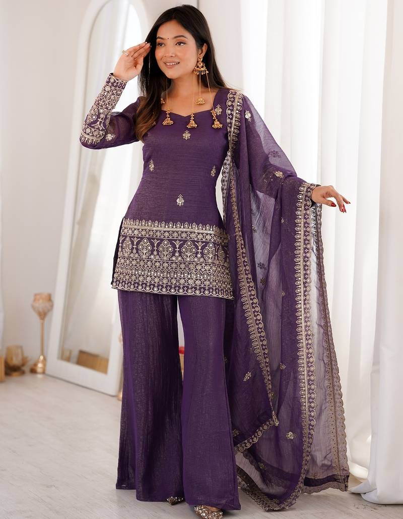 purple silk blend embroidered kurta palazzo dupatta set