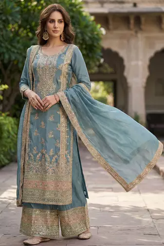 Grey vichitra silk sharara salwar suit - unstitched