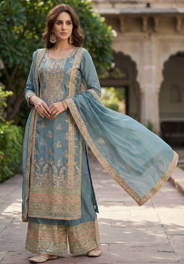 Grey vichitra silk sharara salwar suit - unstitched