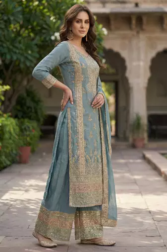 Grey vichitra silk sharara salwar suit - unstitched