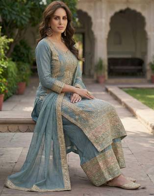 Grey vichitra silk sharara salwar suit - unstitched 3