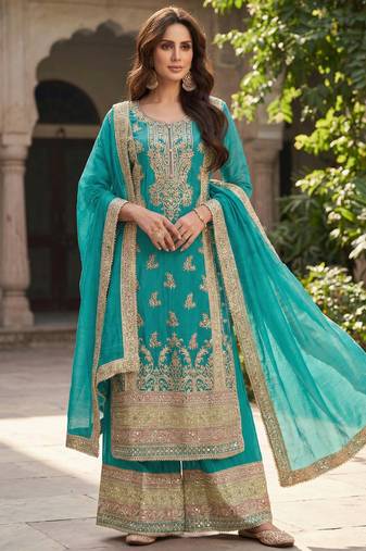 Teal blue vichitra silk sharara salwar suit - unstitched