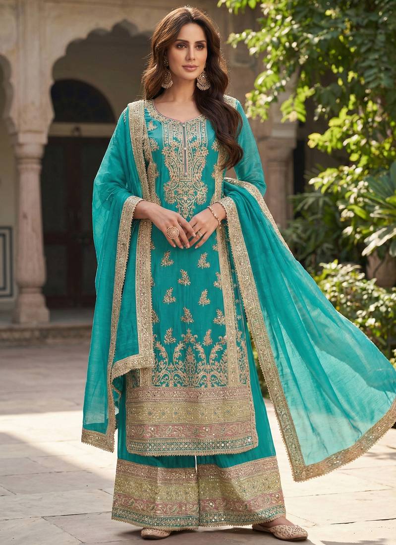 Teal blue vichitra silk sharara salwar suit - unstitched