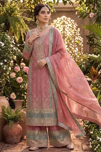 Peach vichitra silk sharara salwar suit