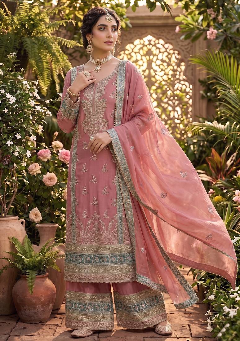 Peach vichitra silk sharara salwar suit