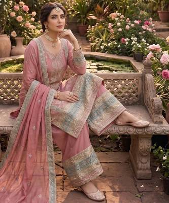 Peach vichitra silk sharara salwar suit 2