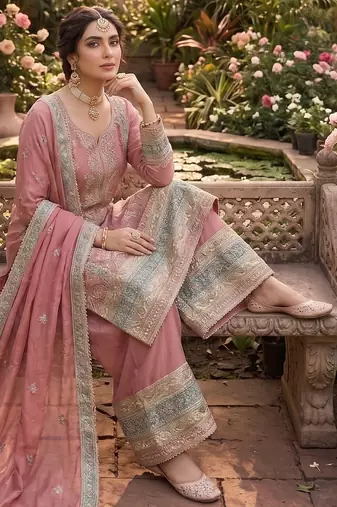 Peach vichitra silk sharara salwar suit