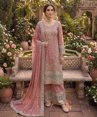 Peach vichitra silk sharara salwar suit 3