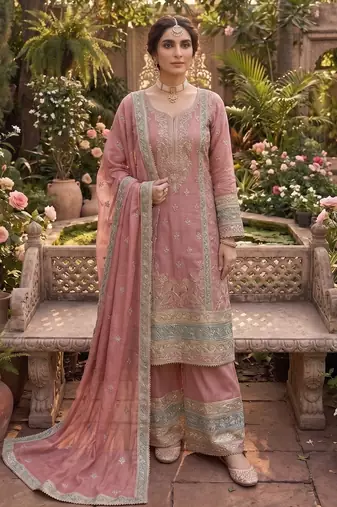 Peach vichitra silk sharara salwar suit