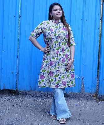 off white kalamkari a line band collar kurti 1