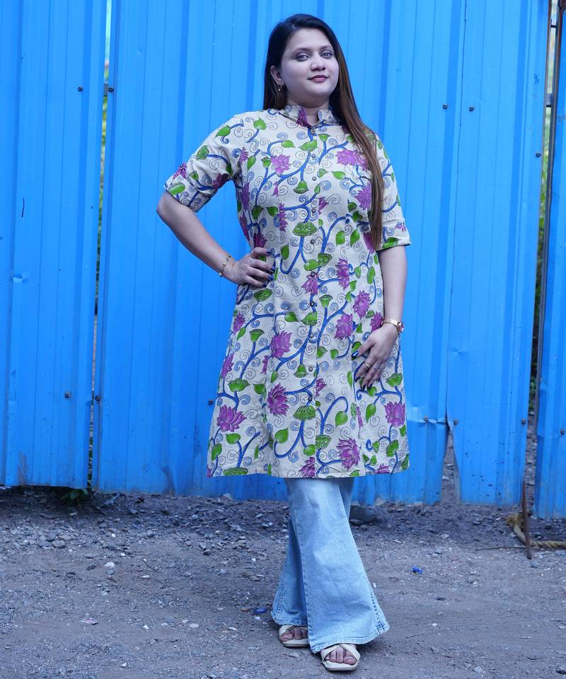 off white kalamkari a line band collar kurti