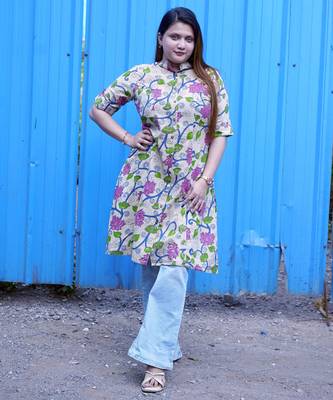 off white kalamkari a line band collar kurti 2