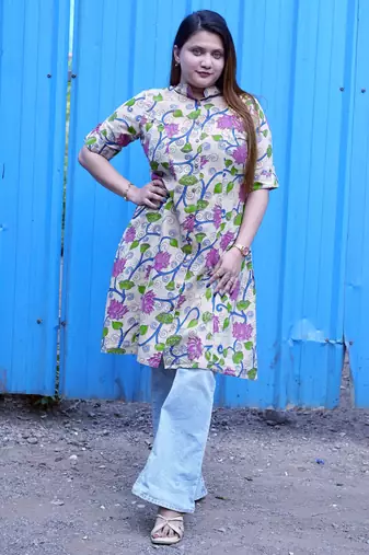 off white kalamkari a line band collar kurti