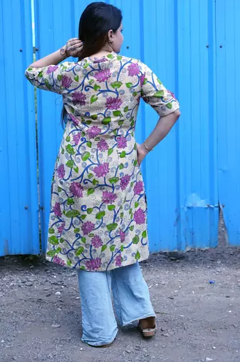off white kalamkari a line band collar kurti