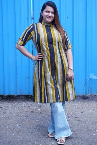 mustard & black striped handblock kurta