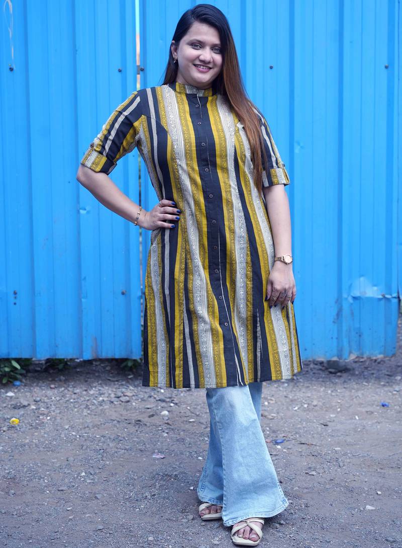 mustard & black striped handblock kurta
