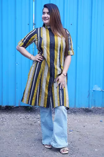 mustard & black striped handblock kurta