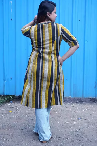 mustard & black striped handblock kurta
