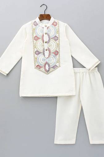 Off white embroidered cotton silk kurta set