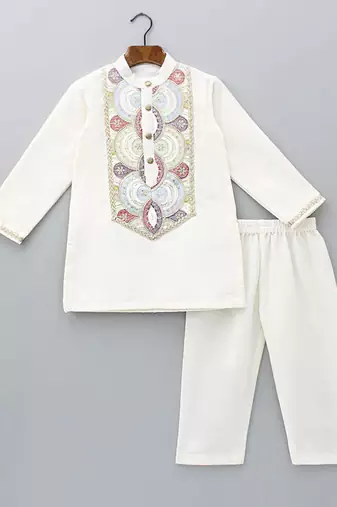 Off white embroidered cotton silk kurta set