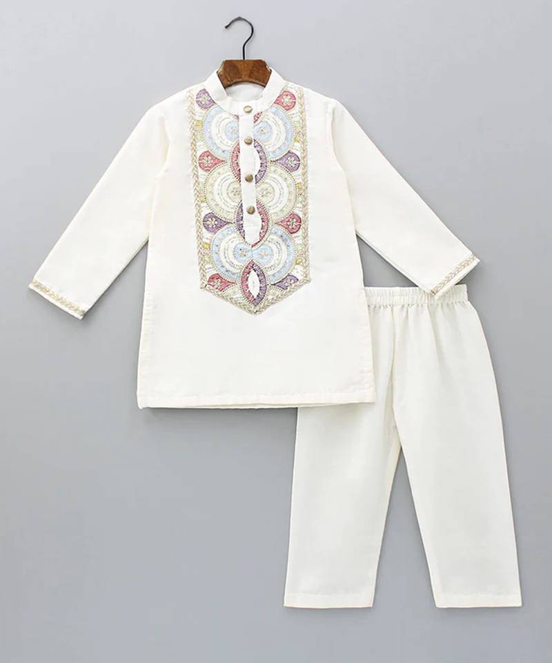 Off white embroidered cotton silk kurta set