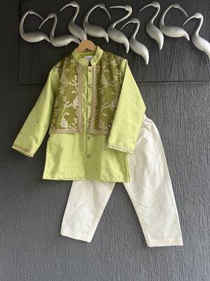 Lime green embroidered cotton silk Boy's Kurta Pyjama 1