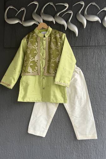 Lime green embroidered cotton silk kurta set