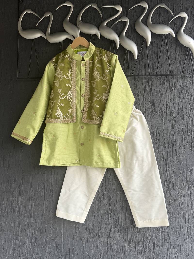 Lime green embroidered cotton silk kurta set