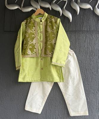 Lime green embroidered cotton silk Boy's Kurta Pyjama 2