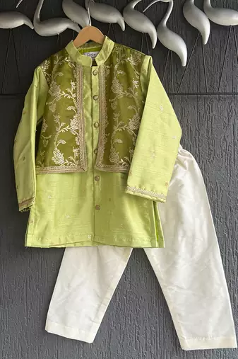 Lime green embroidered cotton silk Boy's Kurta Pyjama