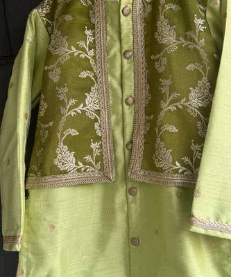 Lime green embroidered cotton silk Boy's Kurta Pyjama 3