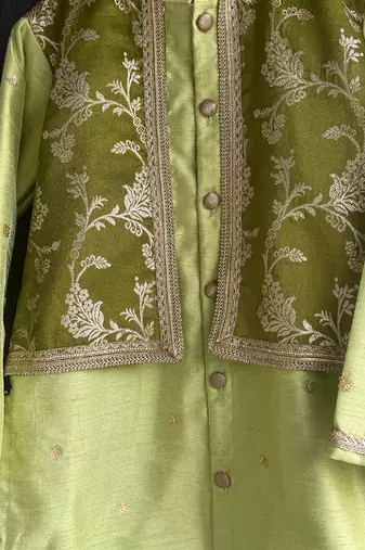 Lime green embroidered cotton silk Boy's Kurta Pyjama