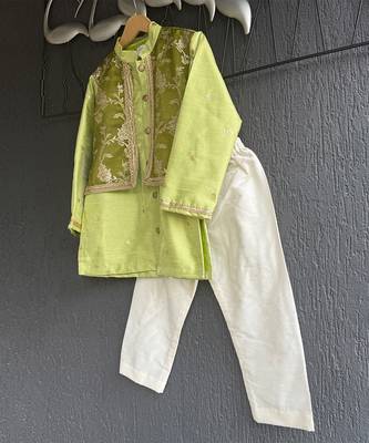 Lime green embroidered cotton silk Boy's Kurta Pyjama 4
